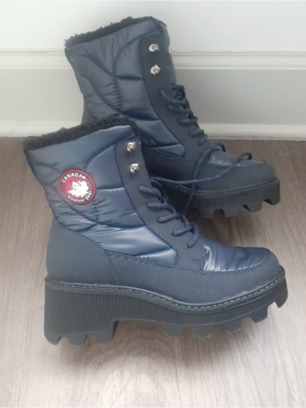 Canadadee Navy Quilted Lace-Up Platform Boots with Faux Fur Trim